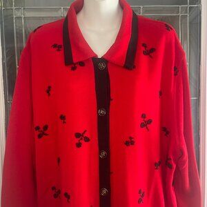Eccotoo Cardigan Sweater Red with Black Flowers Metallic Buttons Size 4X